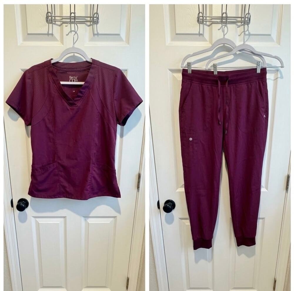 Barco One Womens 2pc Burgundy Scrub Set V-Neck Top Medium Jogger Pants Small (